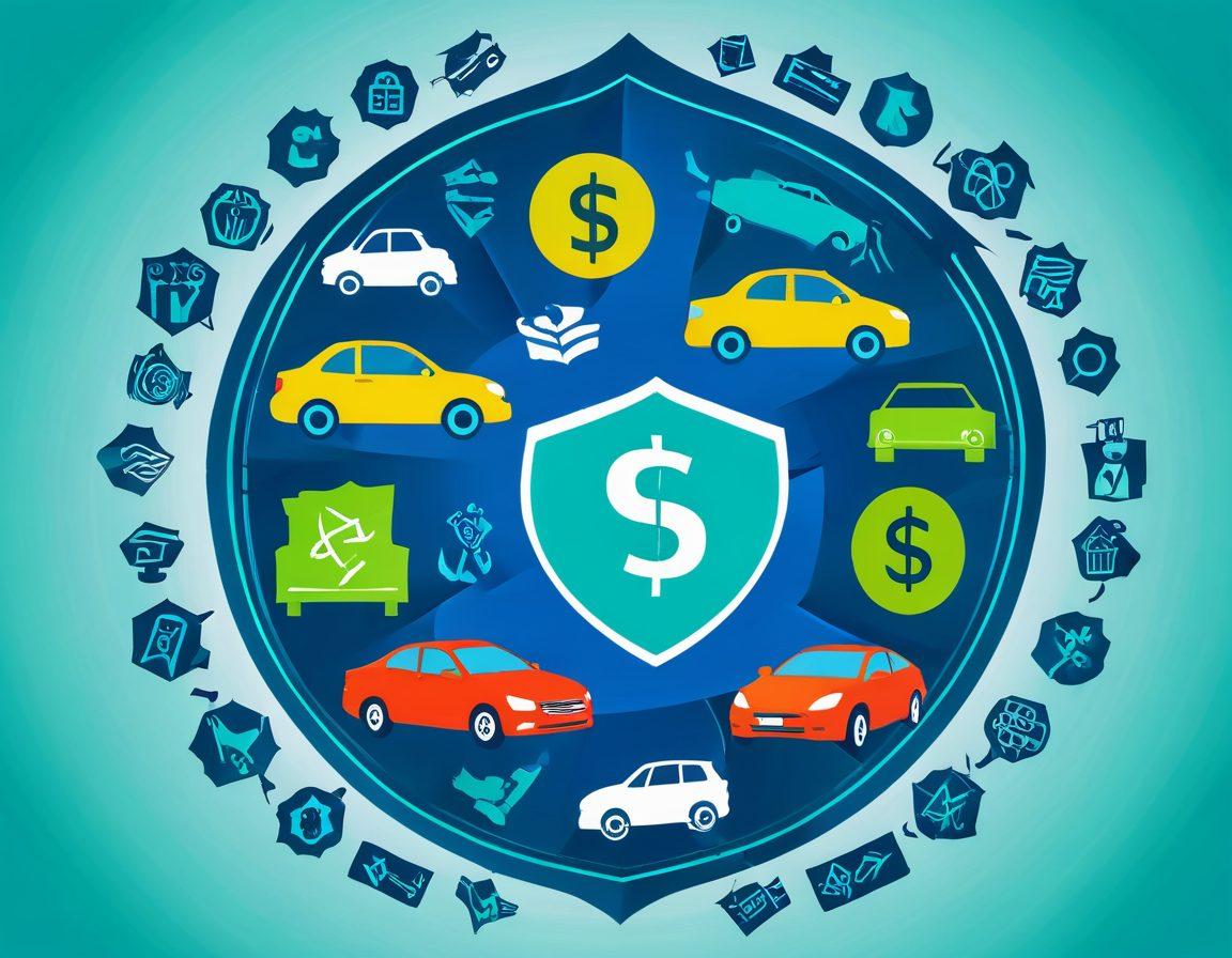 A collage of various car insurance icons and symbols, such as a shield with a car, currency signs, and check marks, merging in a circular pattern. Bright colors like blue and green to symbolize savings and trust. Add a background of a road winding through a city, representing various options. Incorporate a magnifying glass to imply deep diving into deals. vector art. vibrant colors.