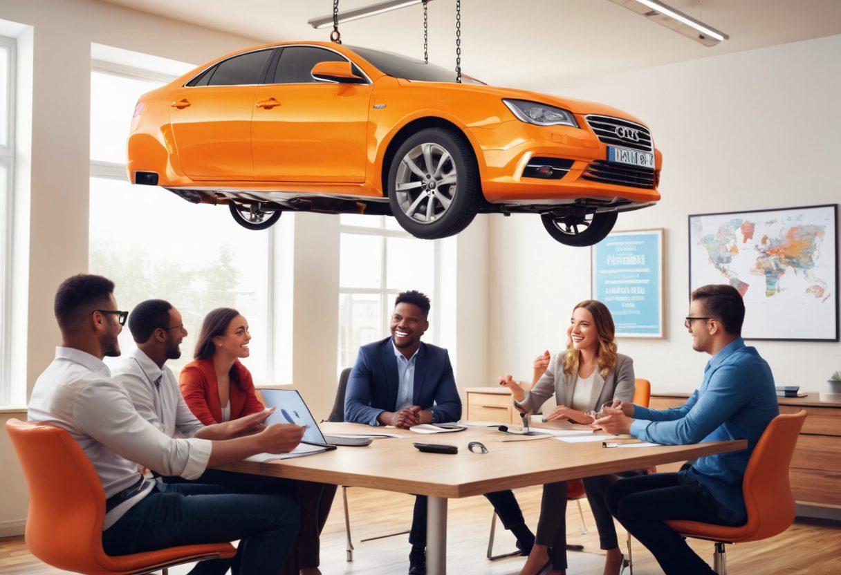 A friendly group of diverse people discussing automobile insurance with a large car key symbol hanging above them, smiling as they share tips and strategies. The scene is set in a bright, inviting office with motivational posters on the walls. Vibrant colors emphasize optimism and collaboration. super-realistic. vibrant colors. 3D.