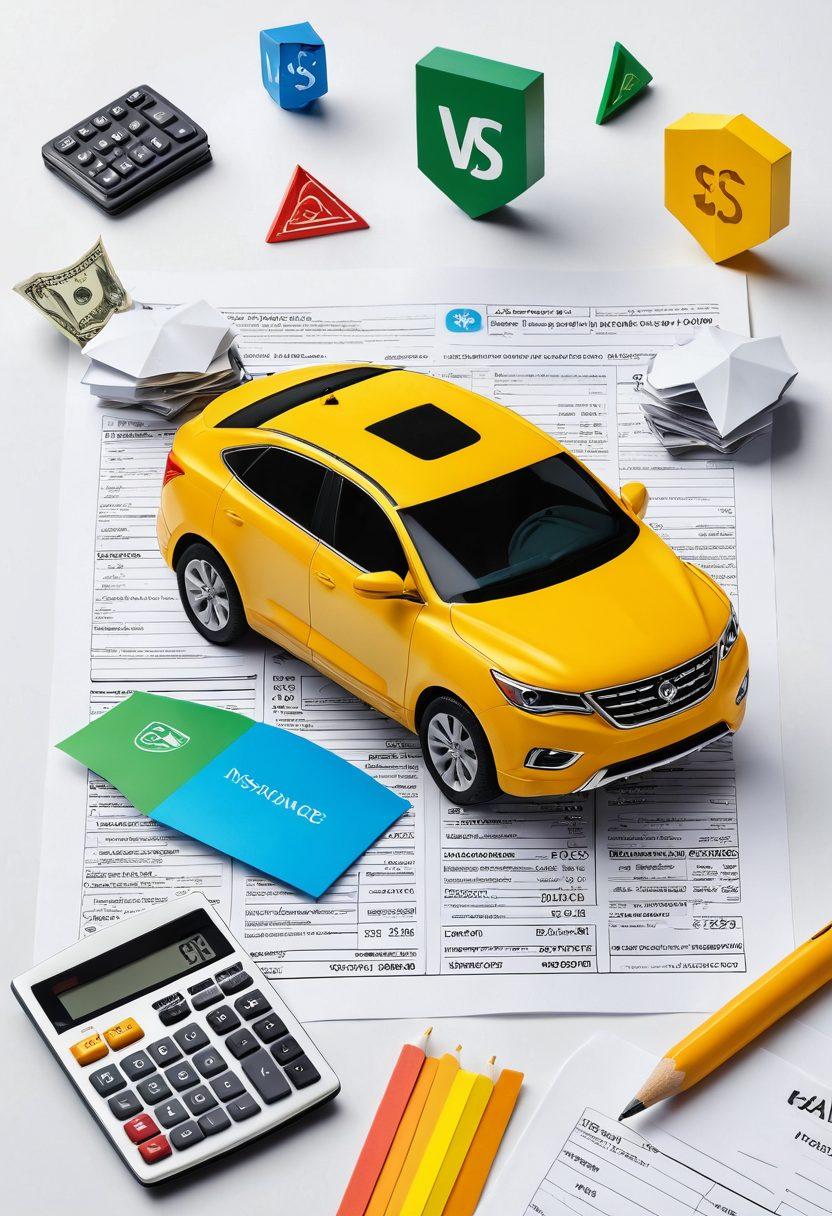 A visually engaging collage that illustrates various aspects of vehicle coverage tips: a car with a shield symbol representing protection, dollar signs floating around, a person analyzing insurance papers, and a calculator with savings graphs in the background. The colors should be vibrant and inviting, creating an informative yet friendly atmosphere. 3D style. vibrant colors. white background.